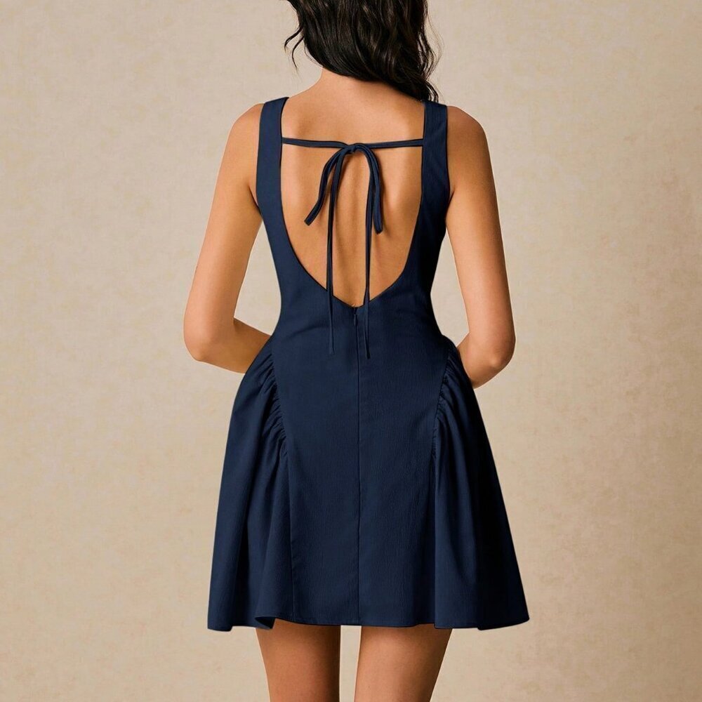 Navy Blue Casual Women's Button Detailed Ruffle Hem Sleeveless Mini Dress - Picture 3 of 7